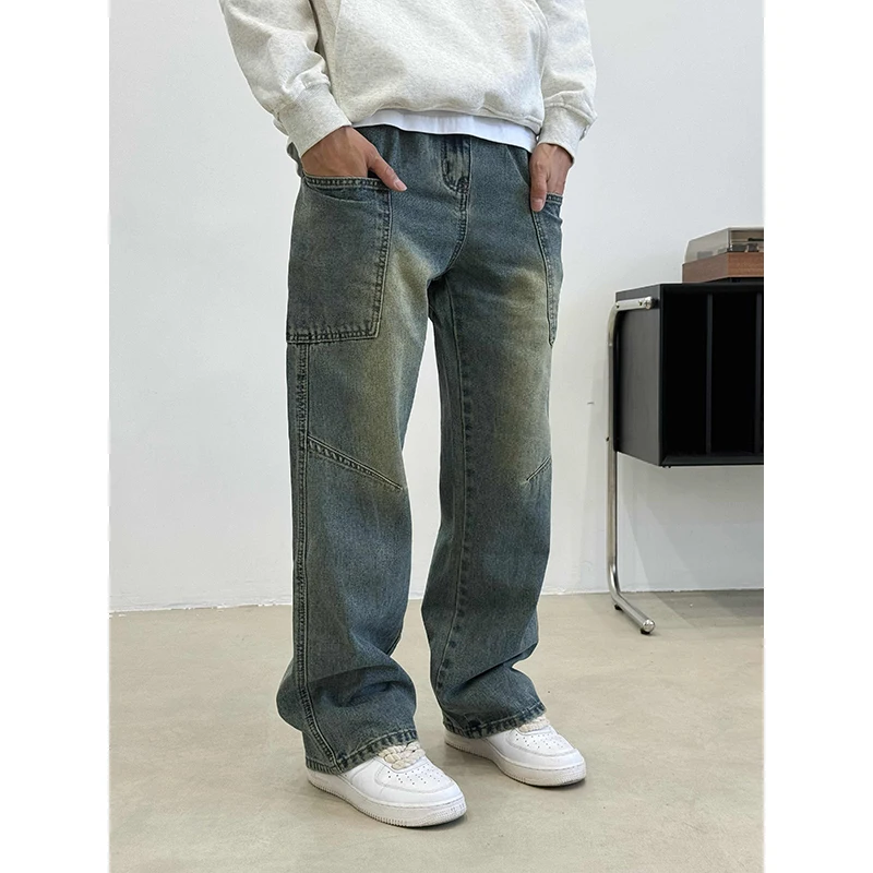 

American Retro Washed Multi-Pocket Workwear Jeans Men Women High Street Straight Loose Casual Long Trousers Wide Leg