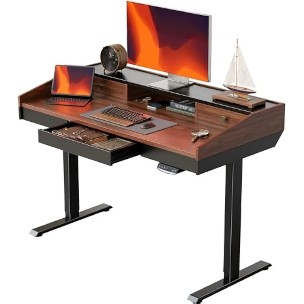 

48" Whole-Piece Standing Desk Adjustable Height with Drawers, 48 x 24 inches Electric Stand Up Desk with Monitor Shelf