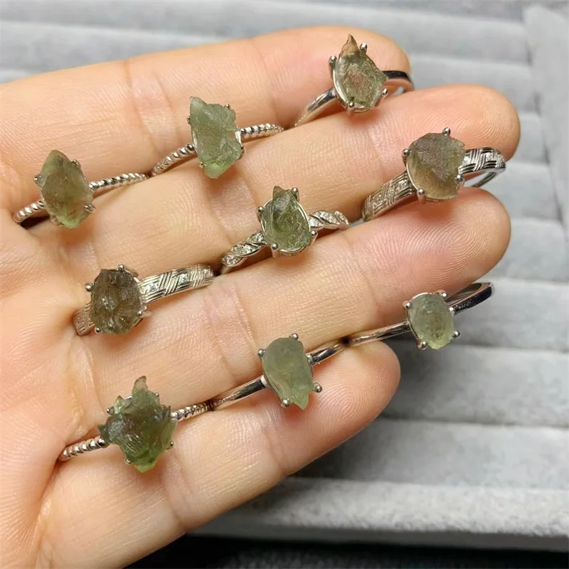 S925 Natural Czech Meteorite Rings Crystal Healing Stone Fashion Gemstone Jewelry For Women Birthday Present Gift 1pcs