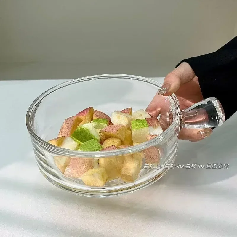 Cuenco de cristal con asa, ensaladera transparente de frutas, plato de postre para el hogar, cuenco ligero de lujo para fideos instantáneos, cuencos de arroz horneados