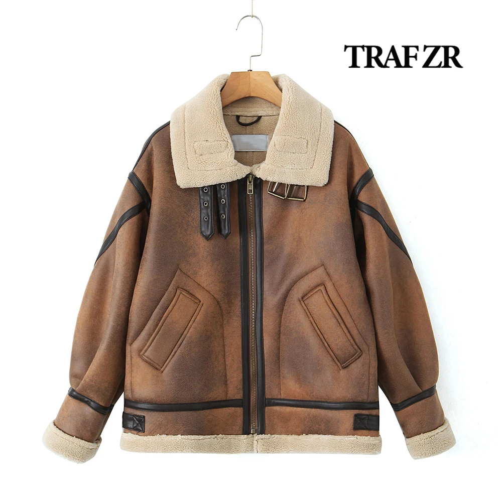 TRAF ZR HighStreet Contrast Faux Leather Jacket Top 2024 Winter Female Synthetic Sheepshin Coat Lapeled Collar with Buckled Tabs