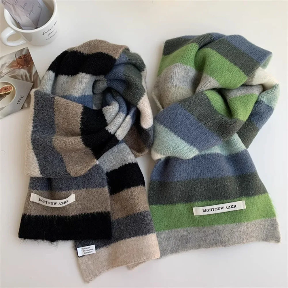 Winter Warm Striped Knitted Scarves Women Rainbow Wool Knit Neck Scarf Thick Neckerchief Cashmere Shawl Head Scarves Wrap