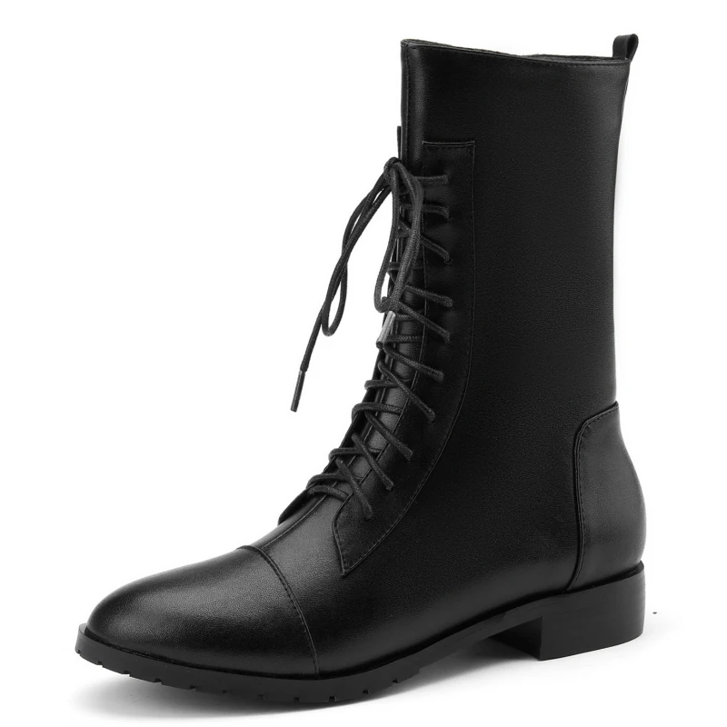 Botines de Cuero genuino para mujer, botas cortas informales de invierno, calzado blanco y negro con cordones a la moda, zapatos de mujer de talla grande 46 48