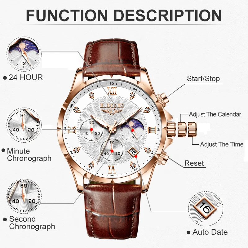 LIGE Mens Watches Top Brand Luxury Moon Phase Leather Waterproof Military Chronograph Quartz Watch For Men Relogio Masculino+BOX