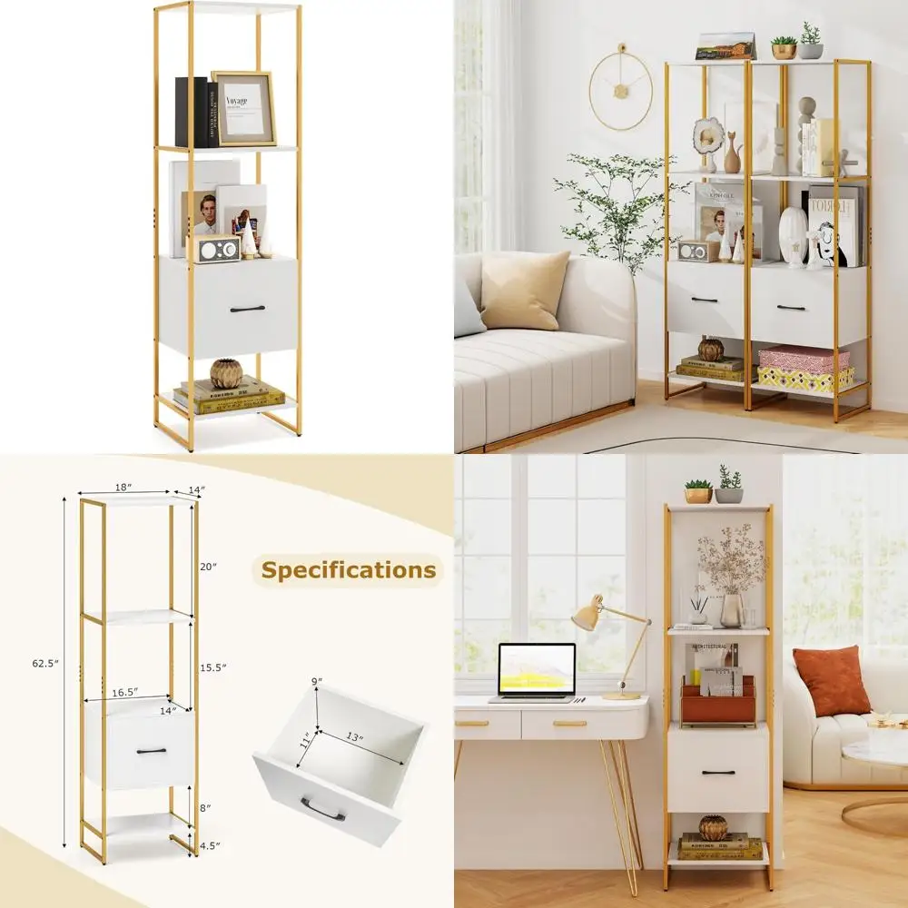 

Narrow 4-Tier Metal Frame Bookshelf with Drawer, Tall 62.5 Bookcase, Anti-tip Kits, Open Shelves, Pull-Out Drawer, Space-saving