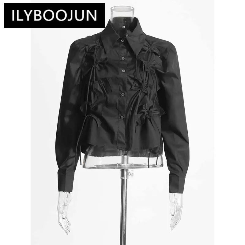ILYBOOJUN Patchwork Bowknot Casual Shirts For Women Lapel Long Sleeve Spliced Single Breasted Blouse Female Fashion Clothes