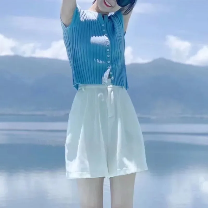 Summer Women's 2024 Round Neck Panel Button Screw Thread New Fashion Solid Color Slim Fit Short Sleeve Slimming Knitted Tops