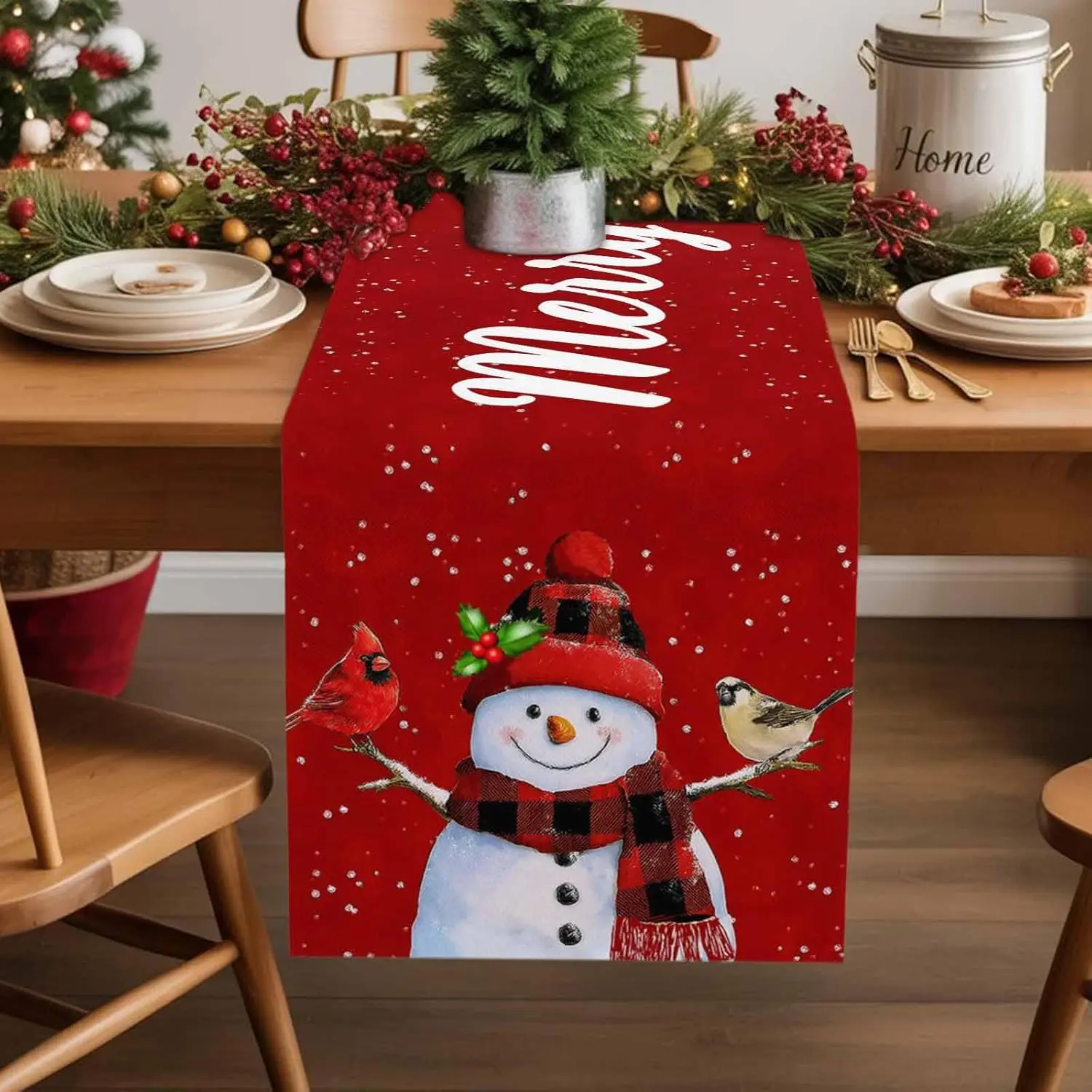 Christmas Snowman Snowflake Linen Table Runner Party Decor Reusable Winter Kitchen Dining Table Runner Christmas Decorations