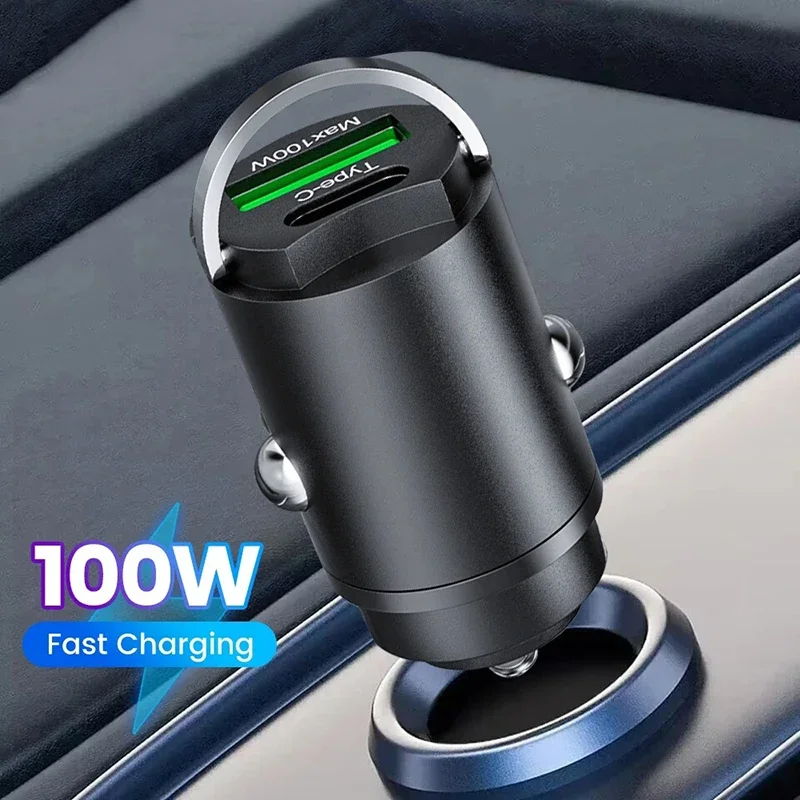 Auto 100W Mini Car Charger Lighter Fast Charging for IPhone QC3.0 Mini PD USB Type C Car Phone Charger for Xiaomi Samsung Huawei