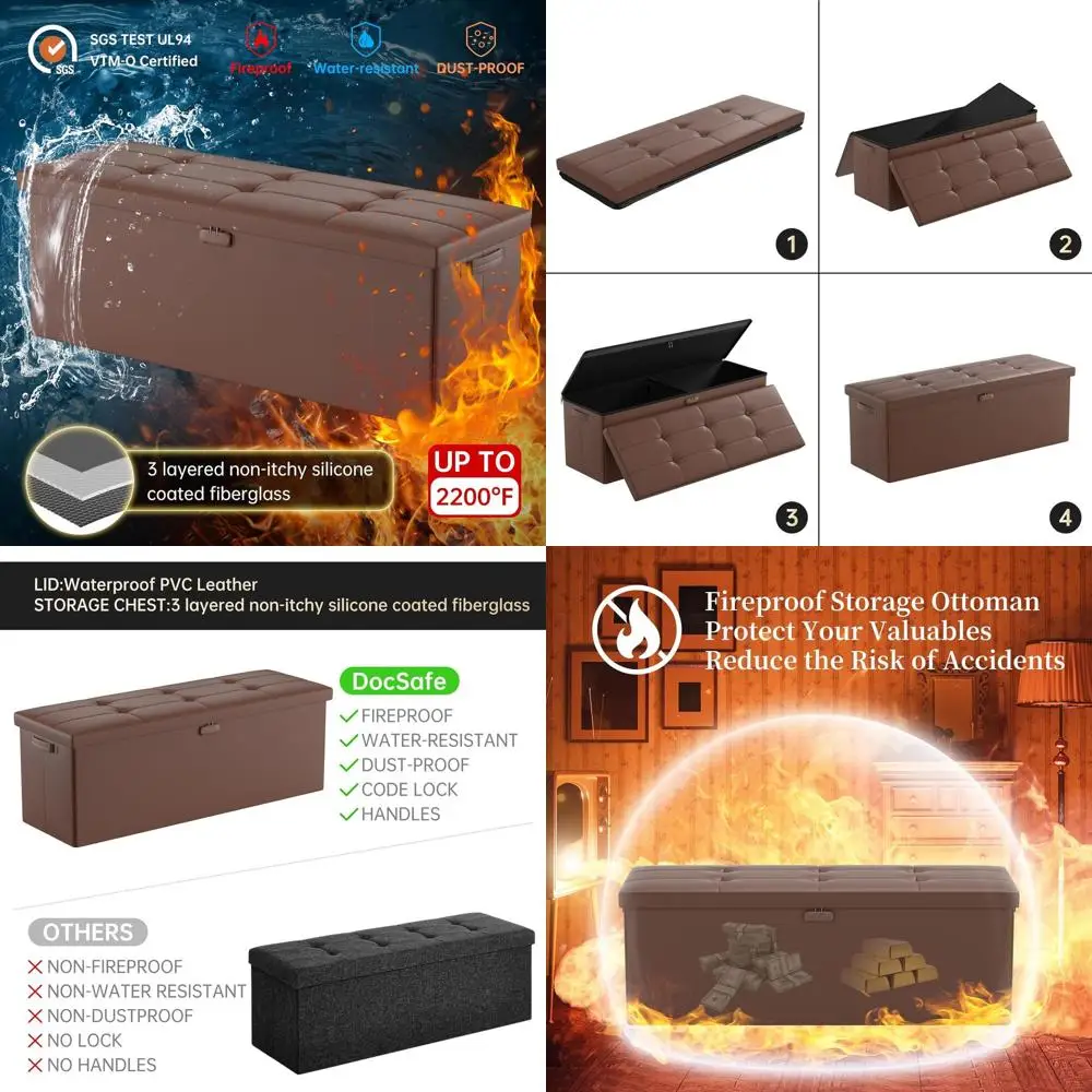 

Brown Leather Ottoman Bench with Storage, Fireproof & Waterproof, Folding with Lock, Ideal for Bedroom, Living Room, Home Office