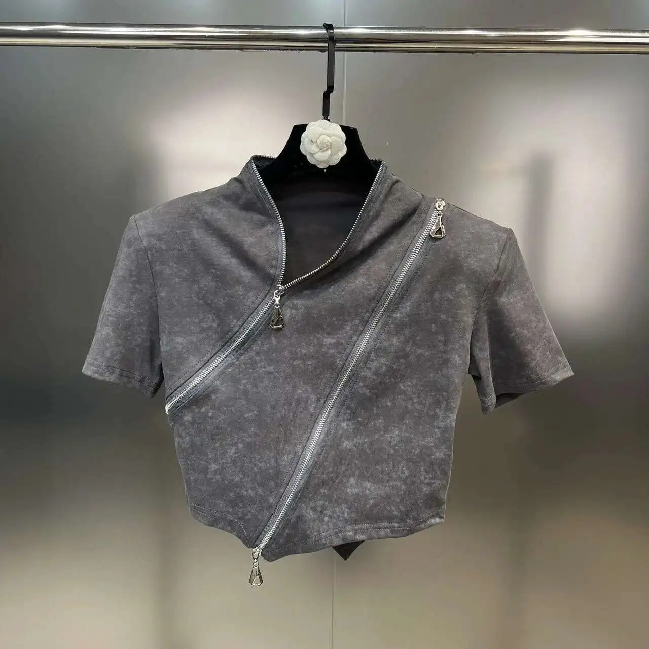 DEAT Chic Personality Zipper Designer T-shirt Women's V-neck Elastic Short Sleeve Sports Tops Female 2023 Summer New 11XX3228 S15412c9180bc4153ba4f55e69fb9a9ec8