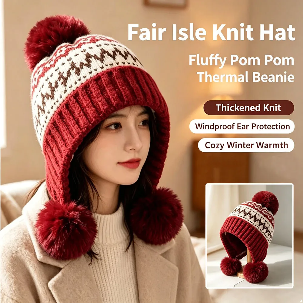 Fair Isle Knit Beanie - Nordic Pattern with Thermal Lining & Ear Flaps Slouchy Winter Thicken Warm Hat for Women Christmas Gift