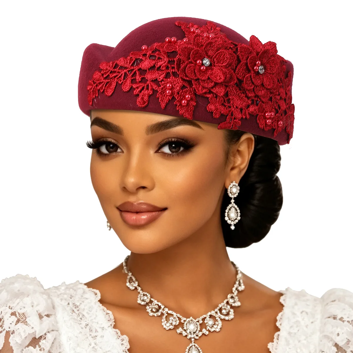 Luxury Ladies Felt Church Hat Vintage British Lace Flower Pearl Beret For Wedding Party Headpiece African Geles Bonnet Hijab Cap