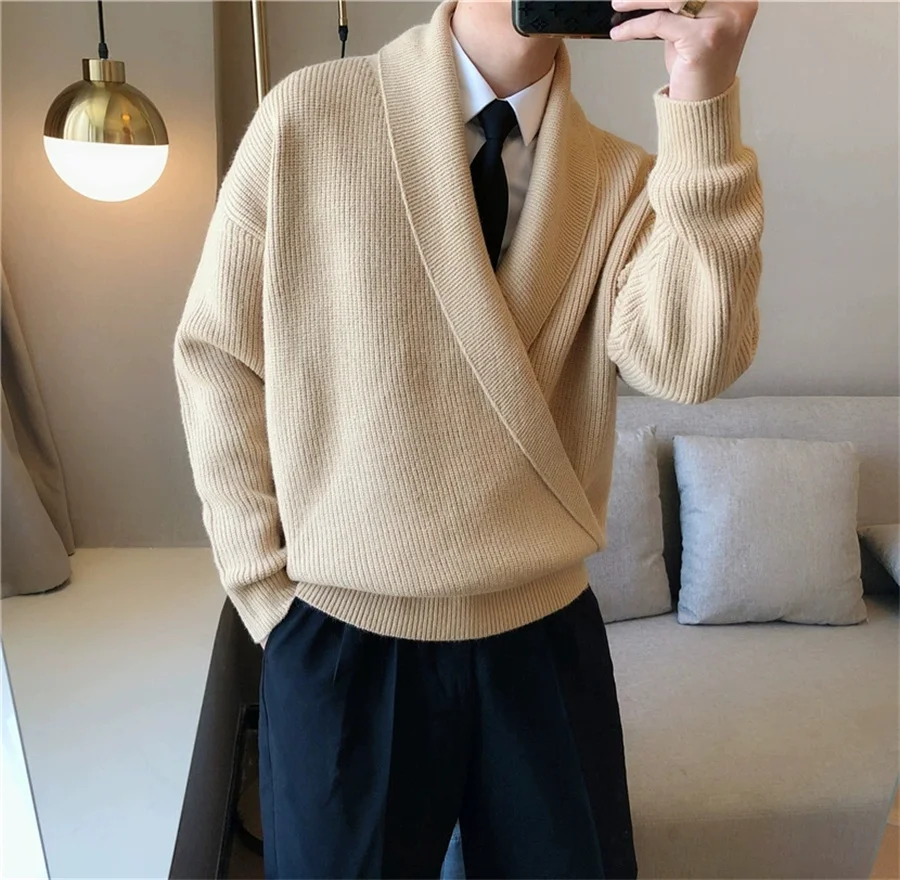 Nuevo 2026 Jersey para hombre, suéter informal holgado con cuello en V grande para hombre, prendas de punto para primavera y otoño, abrigo de punto liso con cuello vuelto perezoso