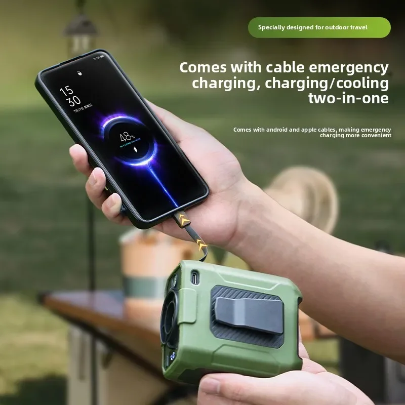 مروحة محمولة بمشبك خصر، مبردات مكيف هواء قابلة لإعادة الشحن، 5 سرعات قابلة للتعديل، مروحة تبريد خارجية مع مصابيح كاشفة LED