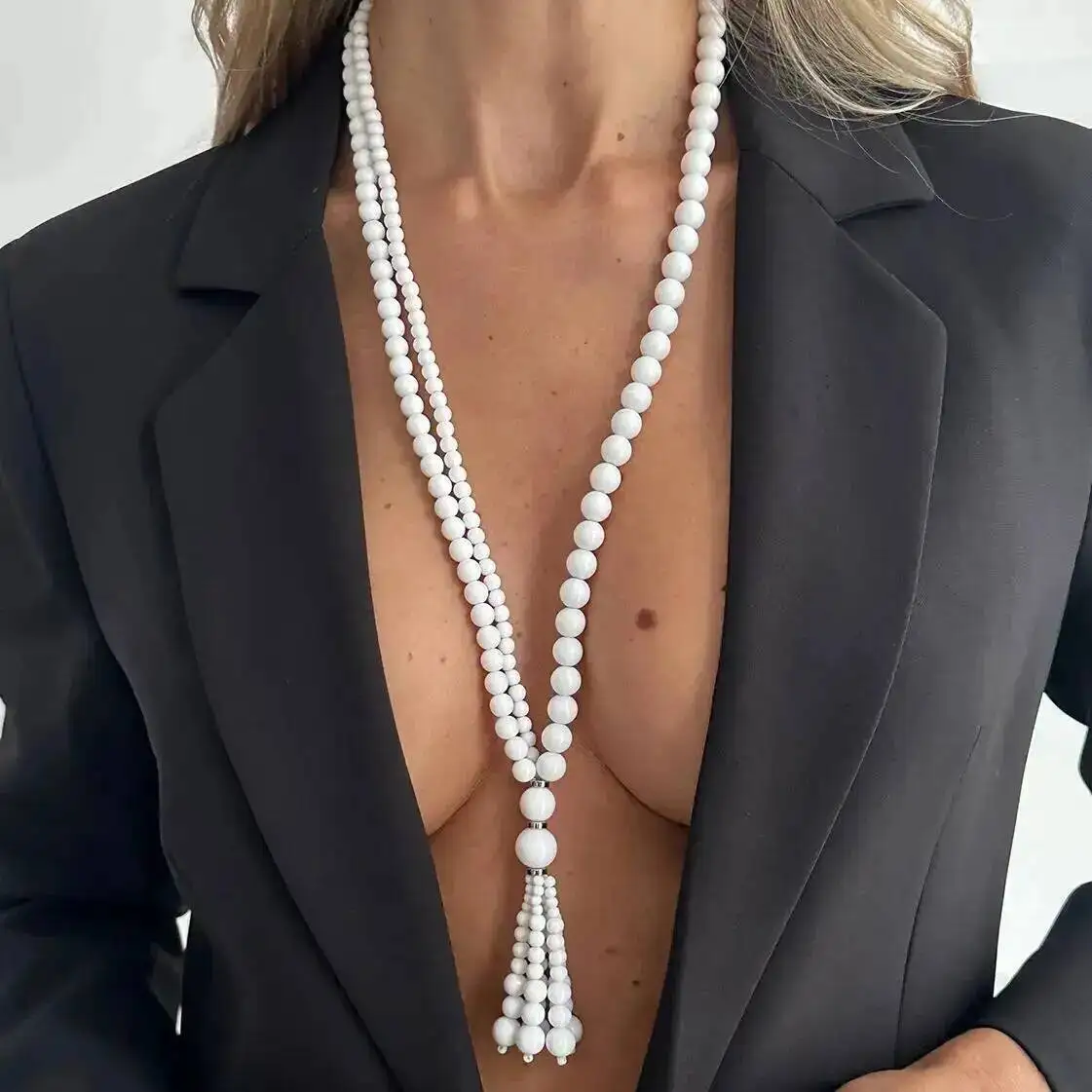 Sexy Acrylic Chain Necklace for Women, Long Chest Link Wedding Bride Vintage Sweater Chain, New Year Festival Jewelry, CCB Beads