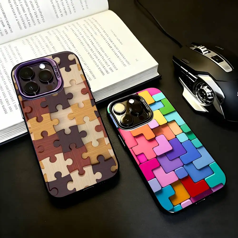 

Autism Support Puzzle Pattern Phone Case For iPhone17,16,15,14,13,12,11 Plus,Pro Max Black Candy silver phone case
