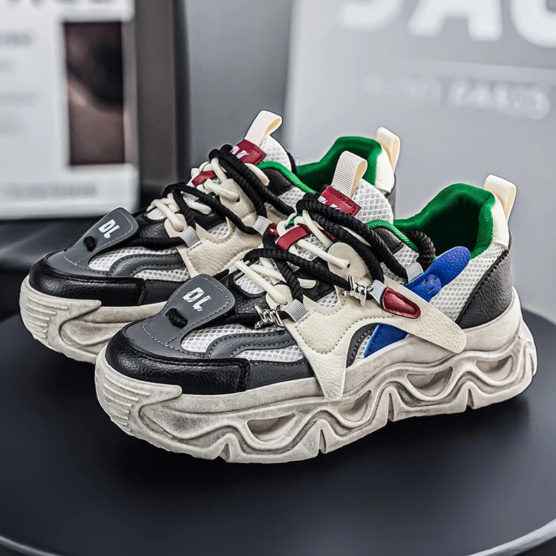 Men's Mesh Breathable Dad Shoes, Retro Distressed Thick-Soled Height-Increasing Casual Shoes, Thick Rope Shoelaces, Woven Tape, Trendy Sneakers, Shock-Absorbing, Wear-Resistant, Versatile, Daily Commuting Men's Shoes