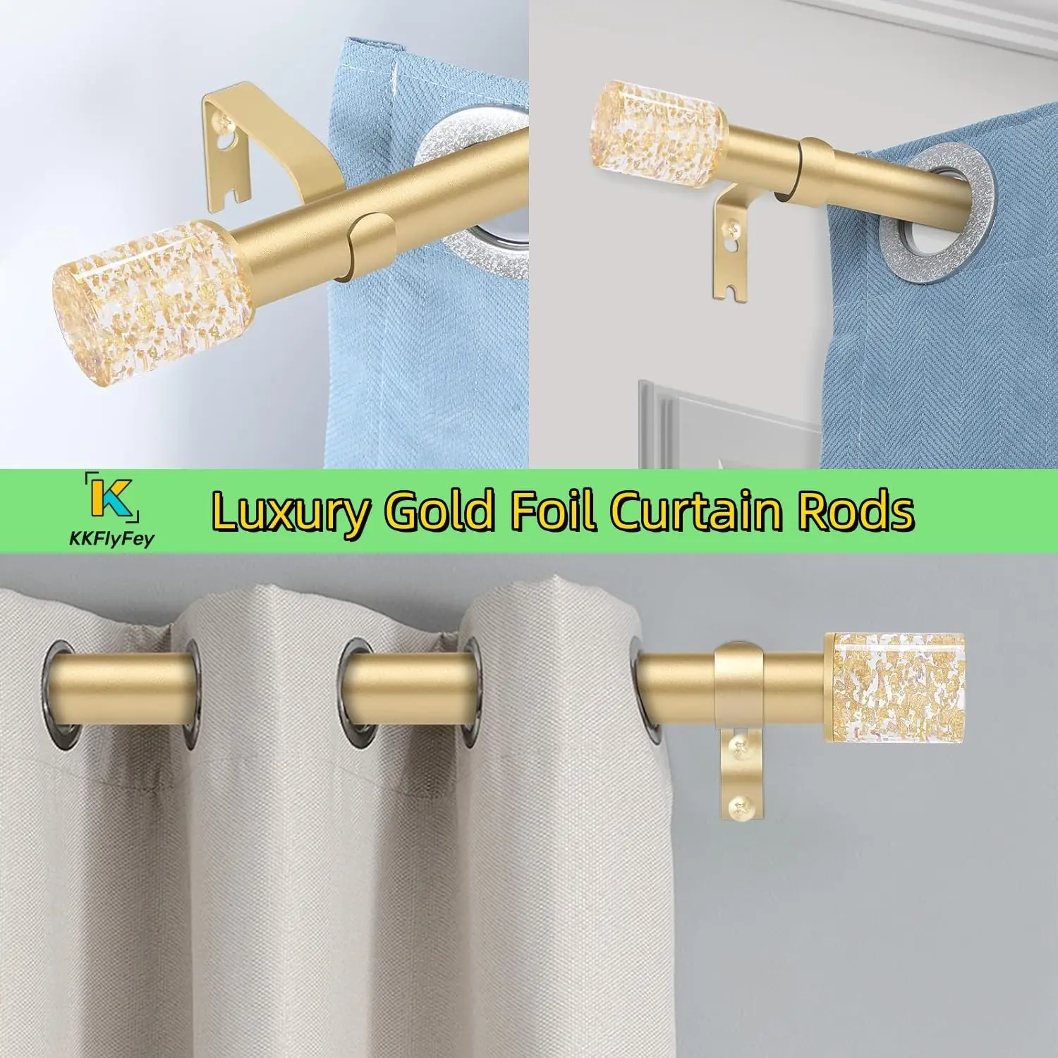 Gold Foil Extendable Curtain Tension Rods for Windows,1