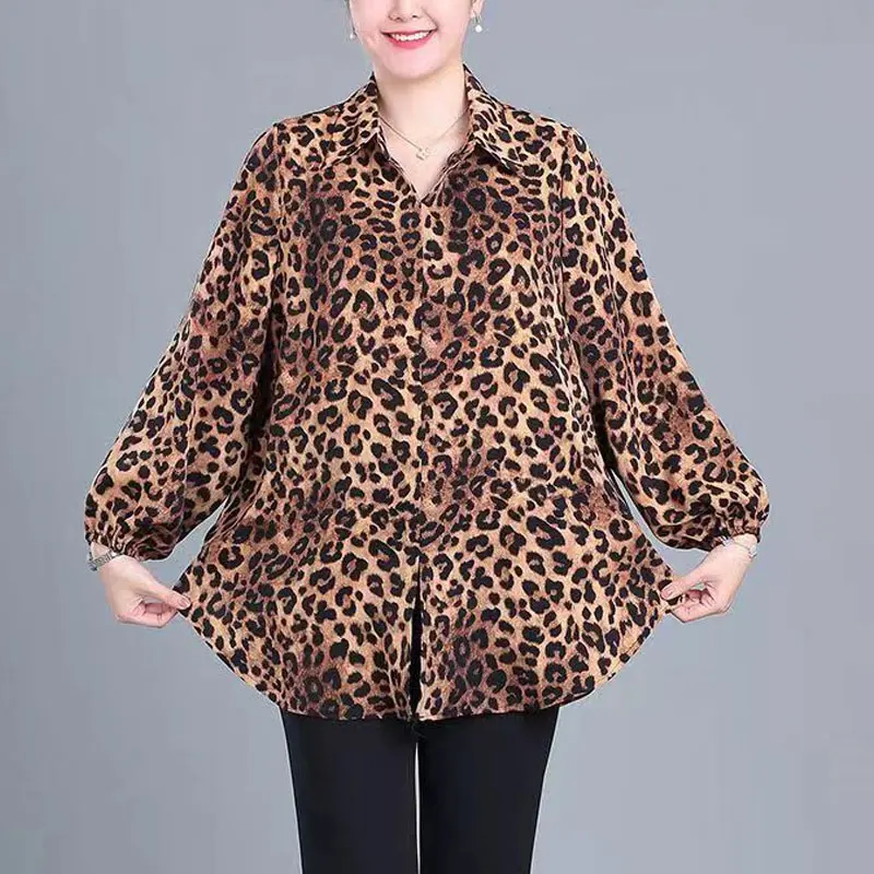 Stylish Character Printed Leopard Shirt Female Clothing Commute Single-breasted 2023 Spring Autumn Polo-Neck Casual Loose Blouse