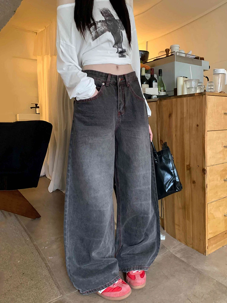 ReddaChic Grunge Black Distressed Baggy Jeans Women Boyfriend Wing Star Printing Straight Loose Denim Pants Vintage Streetwear