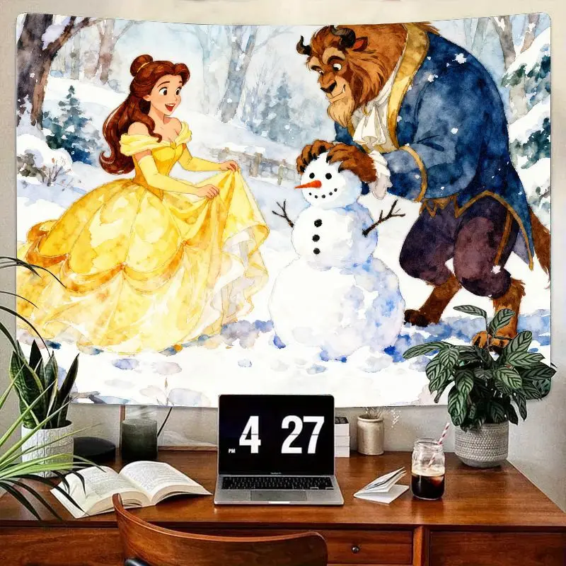 

1PC Disney Belle Beast Winter Snowman Tapestry, Watercolor Fairytale Wall Art, Polyester Home Room Decor Gift for Fans