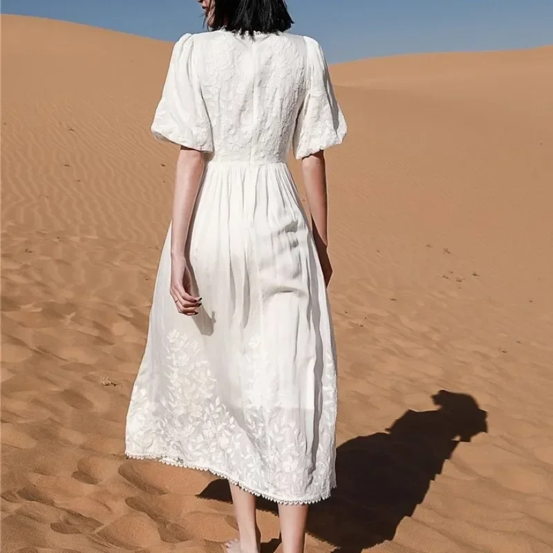 꽃 자수 레이스 화이트 드레스 여성 여름 빈티지 퍼프 슬리브 빈티지 우아한 여성 의류 활주로 디자인 Vestidos