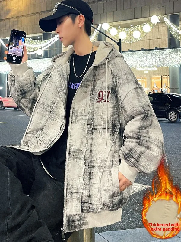 

Men's Fce Lined Thiened Casual Loose Jaet Autumn Winter Spring Workwear Outerwear Youth Student Top Zipper Closure Hooded