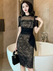 Sweet Gentle Style Midi Lace Dress Women Black Sheer Mesh Tull Spliced Bodycon Split Robe Femme Party Dating Vestidos Mujer
