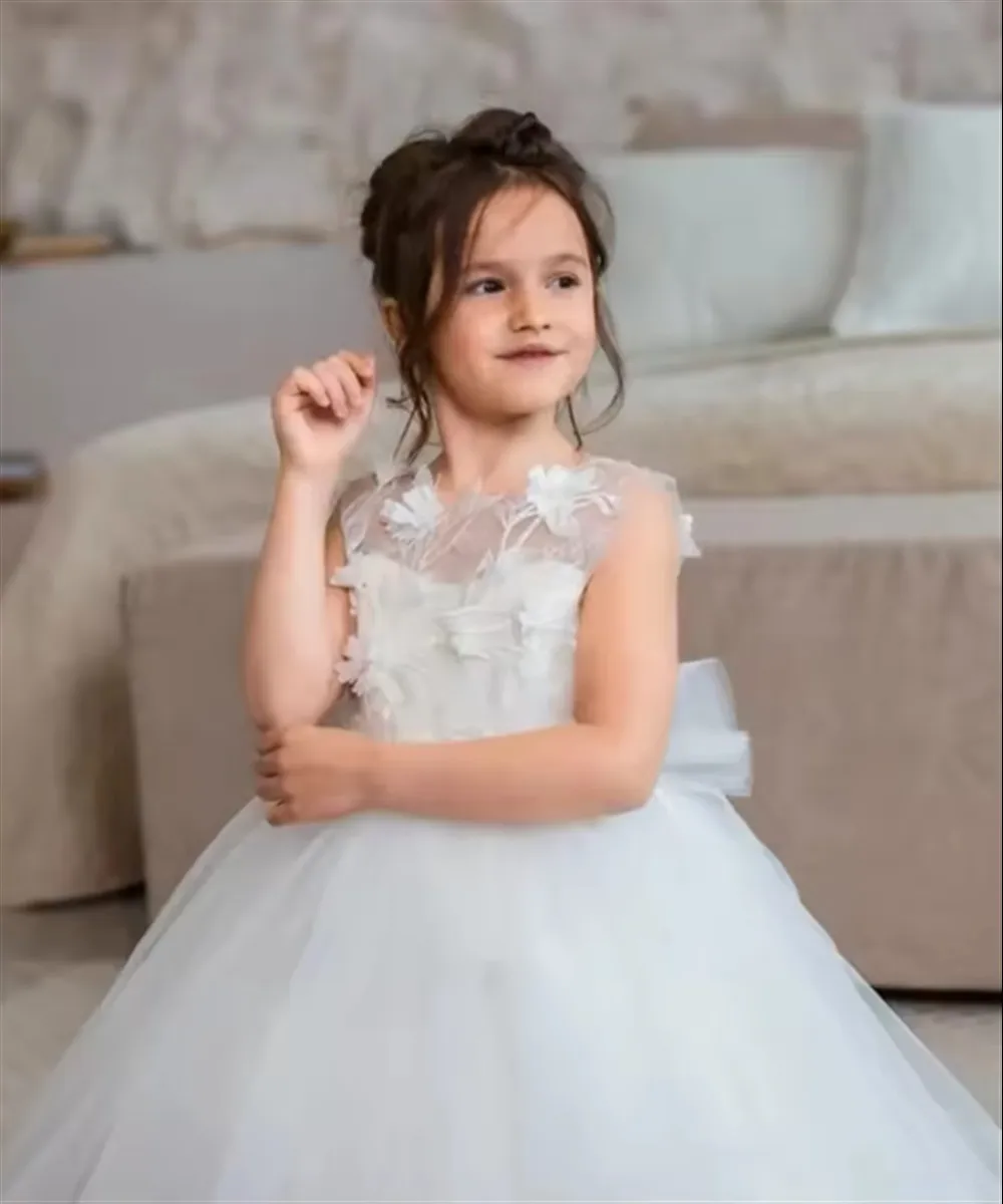 

Elegant Sleeveless White Ivory Flower Girl Wedding Dress Bow Lace Appliques Kids Birthday Party First Communion Gown Customized