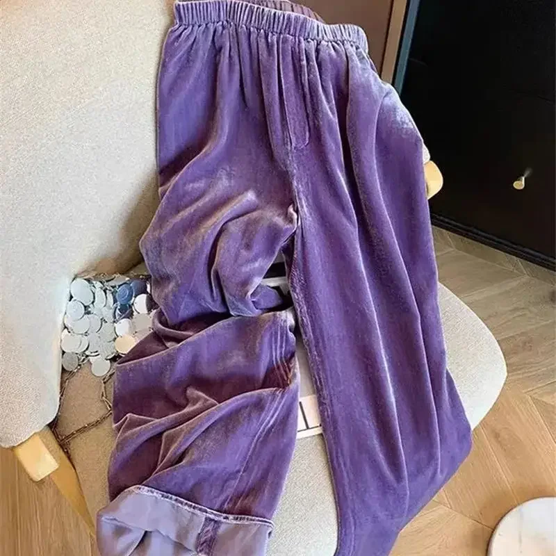 New Arrival Autumn Purple Velvet Pants Women Casual Loose Straight Leg Trousers Womens Versatile Elastic Waist Long Pant