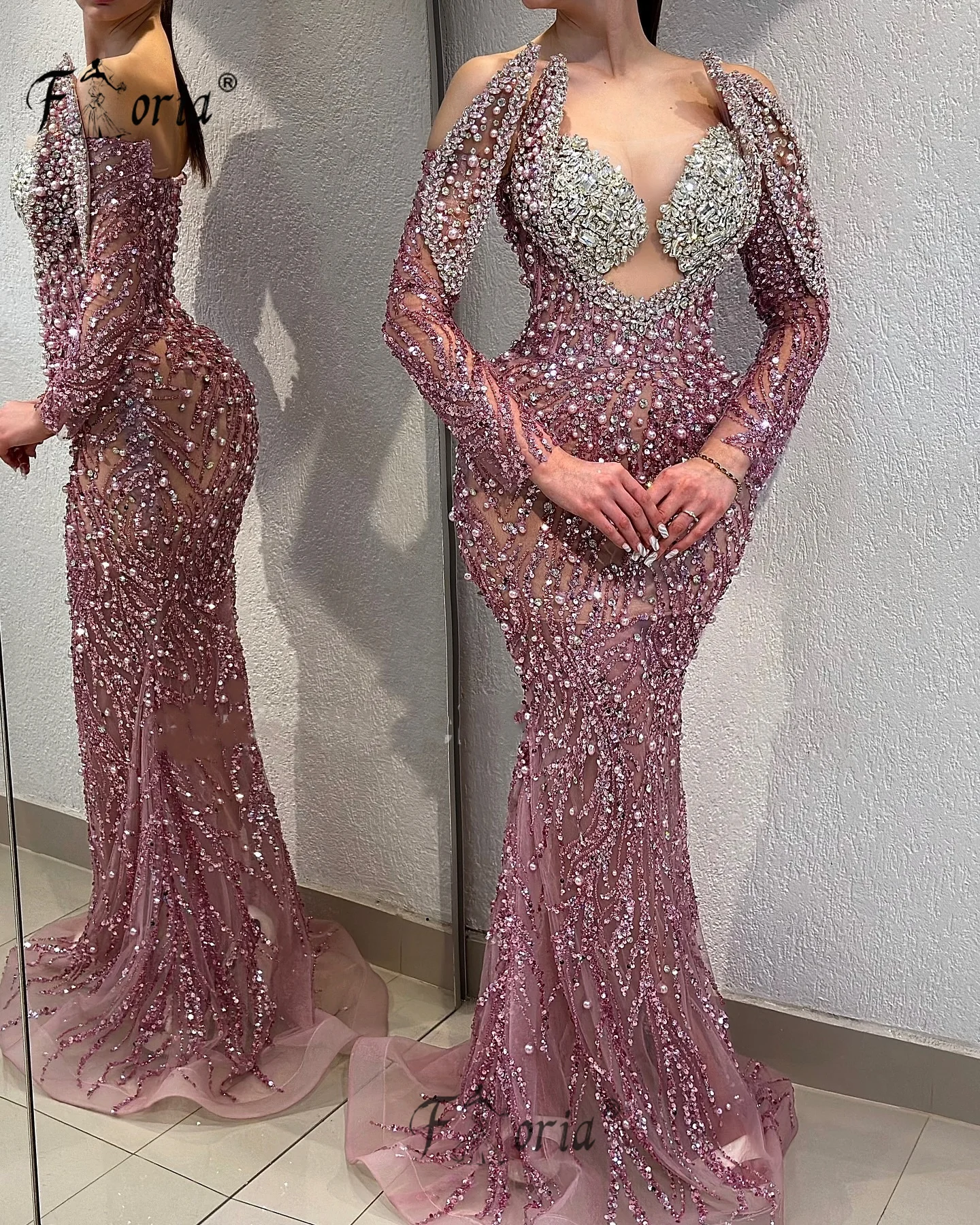 Luxury Off the Shoulder Long Sleeve Evening Dresses Crystal Sequin Sparkly Mermaid Formal Occasion Gowns Prom robe de soirée