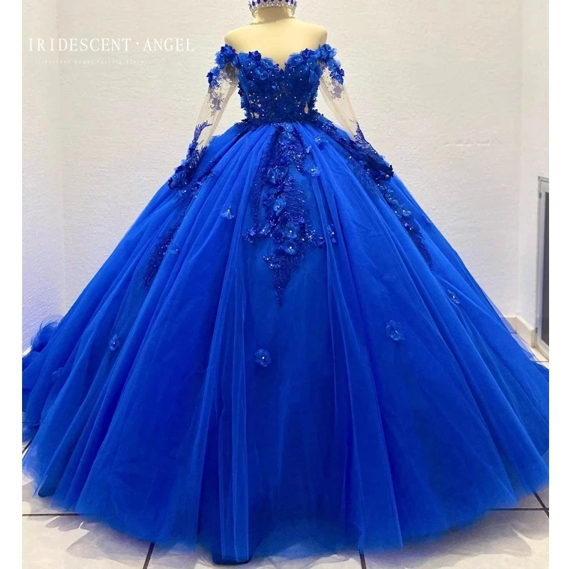 Abito da ballo blu reale iridescente maniche lunghe abiti Quinceanera 3D Flower Evening Sweet 16 Backless Princess Birthday Party