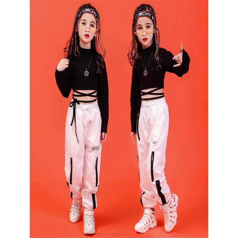 Chidren girls clothes summer hip hop clothing cotton black long sleeve crop tshirt white polyester pant 2 PCs streetwear suit MN