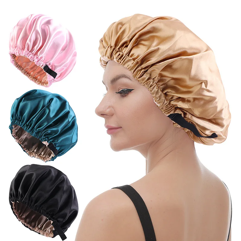 1PC Double layer satin sleeping cap for sleeping women, adjustable silk wrap for sleeping hair care