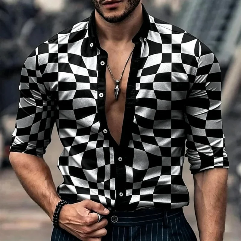 Men's Retro Twisted Checkered Long Sleeve Shirt Irregular Deformed Checkered Collar Trendy Casual Men's Top