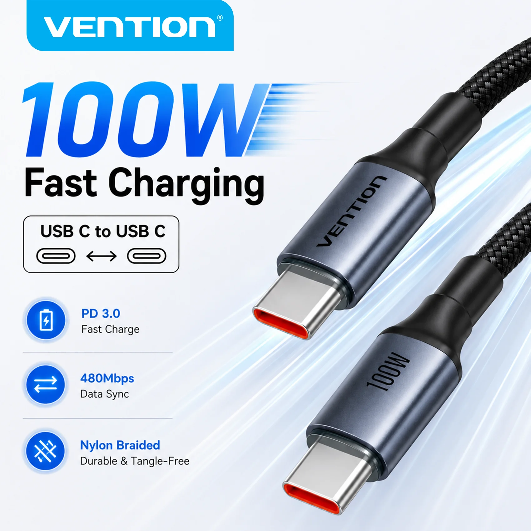 Vention 100W USB-C Kabel USB-C auf Typ-C PD3.0 Schnellladekabel Typ-C Datenkabel für MacBook iPhone 17 16 15 Samsung S24 S25 Xiaomi 17