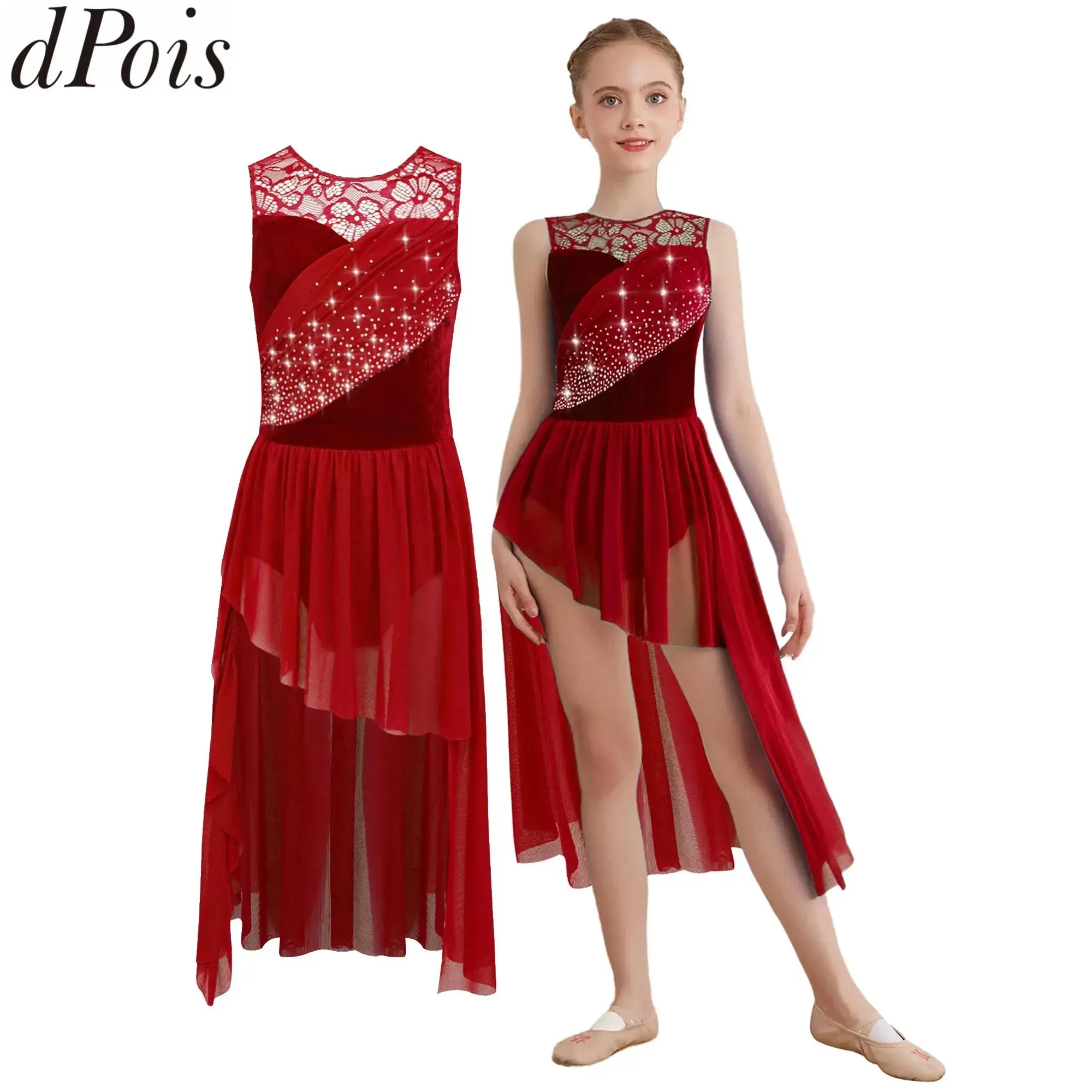 Kids Girls Lyrical Modern Dance Dress Rhinestones Sleeveless Flowy Split Maxi Leotard Dresses Gymnastics Ballerina Dance Costume