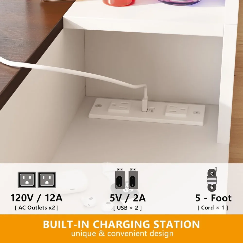 Meja Rias dengan Cermin dan Lampu, Meja Rias Rias dengan Strip Daya & Cermin Berlampu LED43in Meja Rias Besar dengan 5 Laci