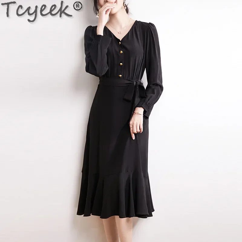 

Tcyeek 16MM 100% Mulberry Silk Dresses for Women Clothes Elegant Women's Dresses Long Sleeve Fashion Summer Dress Платье Женское