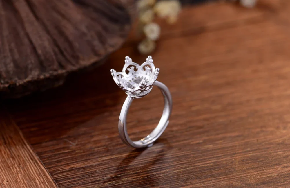 

Adjustable Ring Blank for 9mm-12mm Round Beads/Pearls White Gold Plated 925 Silver Zircon Ring Base Crown Ring Setting
