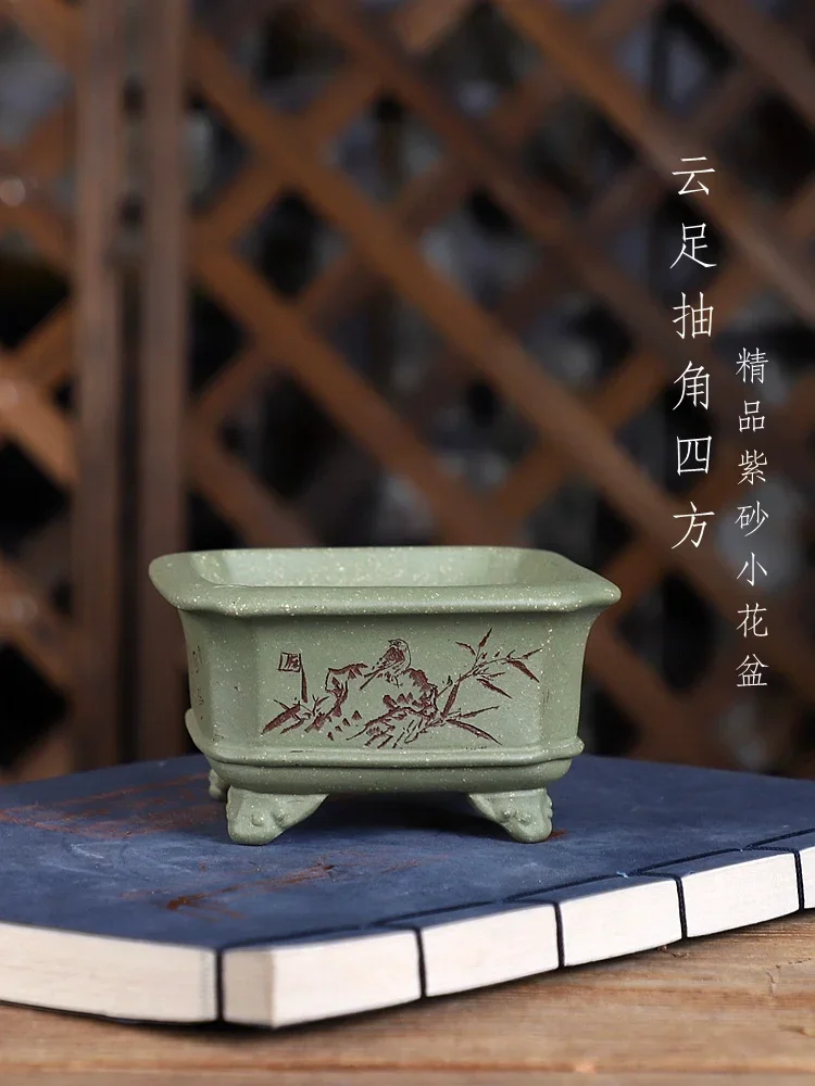 Green Sand Clay Handmade Carved Bonsai Pot, Chinese Pattern Flower Vase, Dormitory Room, Office Desk, Garden Decoration