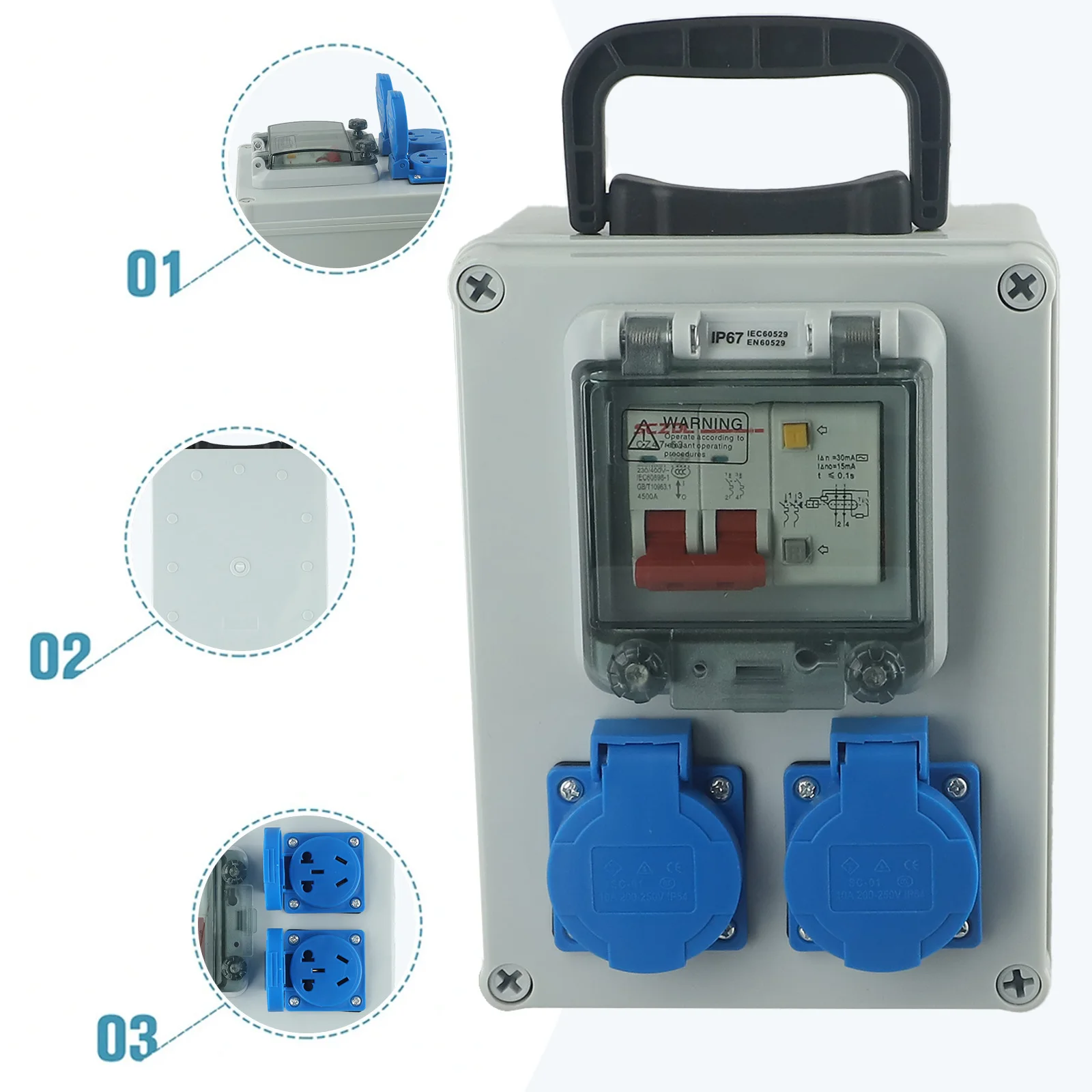 Wall Mounted Construction Power Distributor 10A 250V 2P with Switch Compatible with Fire Neutral Conductor and 5 Hole Sockets