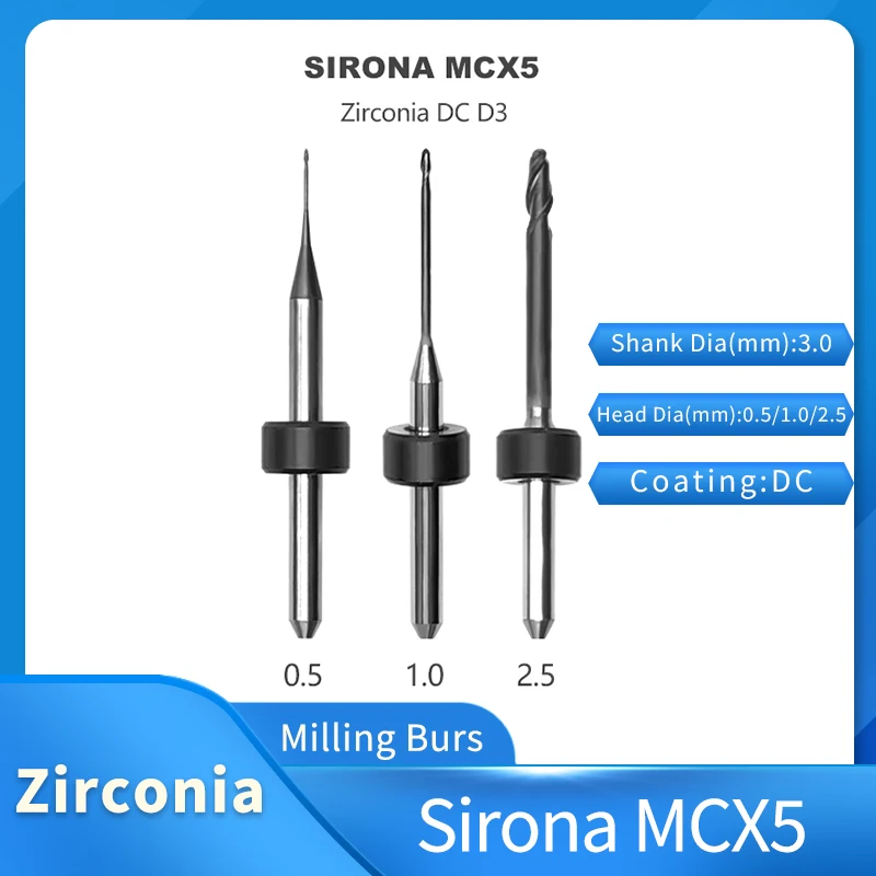 

Sirona MCX5 Zirconia DC Milling Burs Dental Tools D3*2.5mm/1.0mm/0.5mm Diamond Grinding Drills for Sirona MC X5 Milling Machine