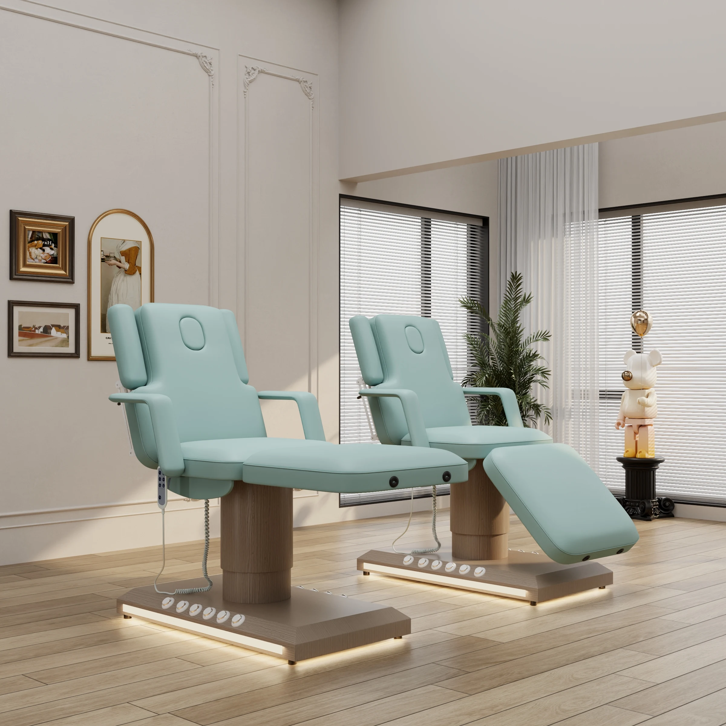 Cama de belleza eléctrica de 3 motores, color verde claro, acero inoxidable más nuevo con mesas y camas de masaje con Control de pies, belleza sa lon