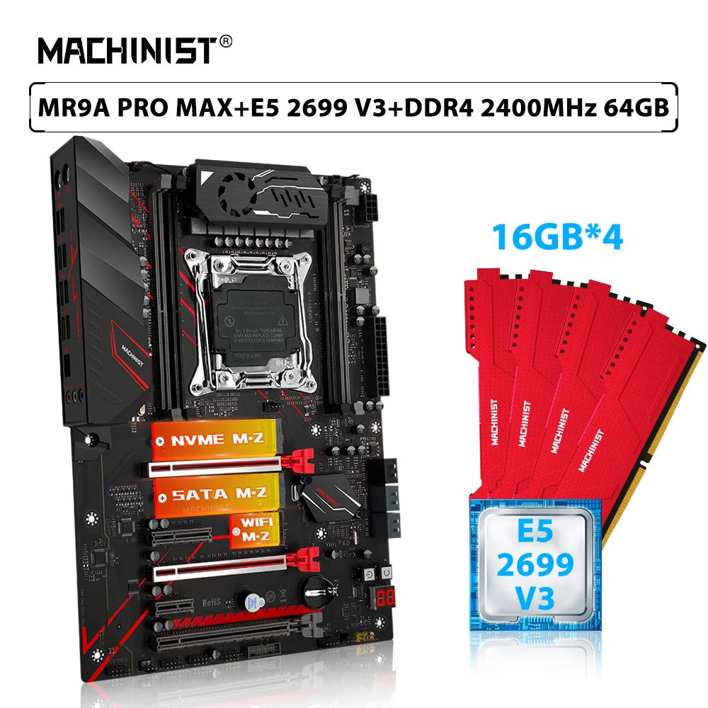 MACHINIST X99 MR9A PRO MAX Set Motherboard LGA 2011-3 Kit Xeon E5 2699 V3 Processor CPU DDR4 64GB(4*16GB) 2400MHz ECC Memory RAM