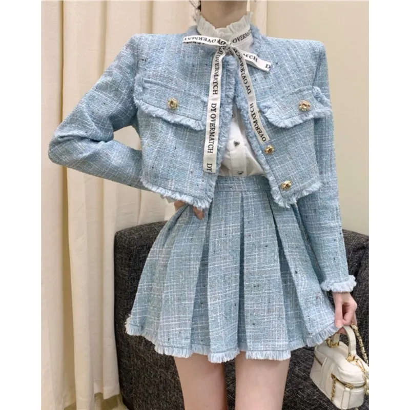

High Quality Tassel Design 2-Piece Sets Women Tweed Autumn New Solid Outfits Long Sleeve Short Jacket Coat Pleated Skirt Suits