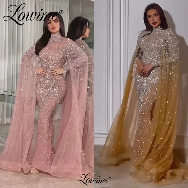 Lowime Design Design Muslim Glitter Long Sleeve Evening Dresses 2023 Beaded Crystals Mermaid Champagne Pink Woman Party Gowns