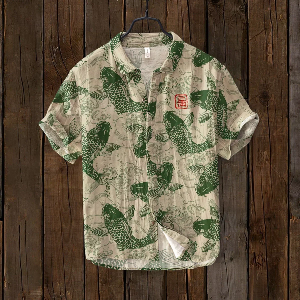 Retro Fish Print Shirt, Japanese Art, Bamboo Knot, Cotton Linen Shirt, Flip Collar Cardigan, Short Sleeve, Hawaiian Shirt, New