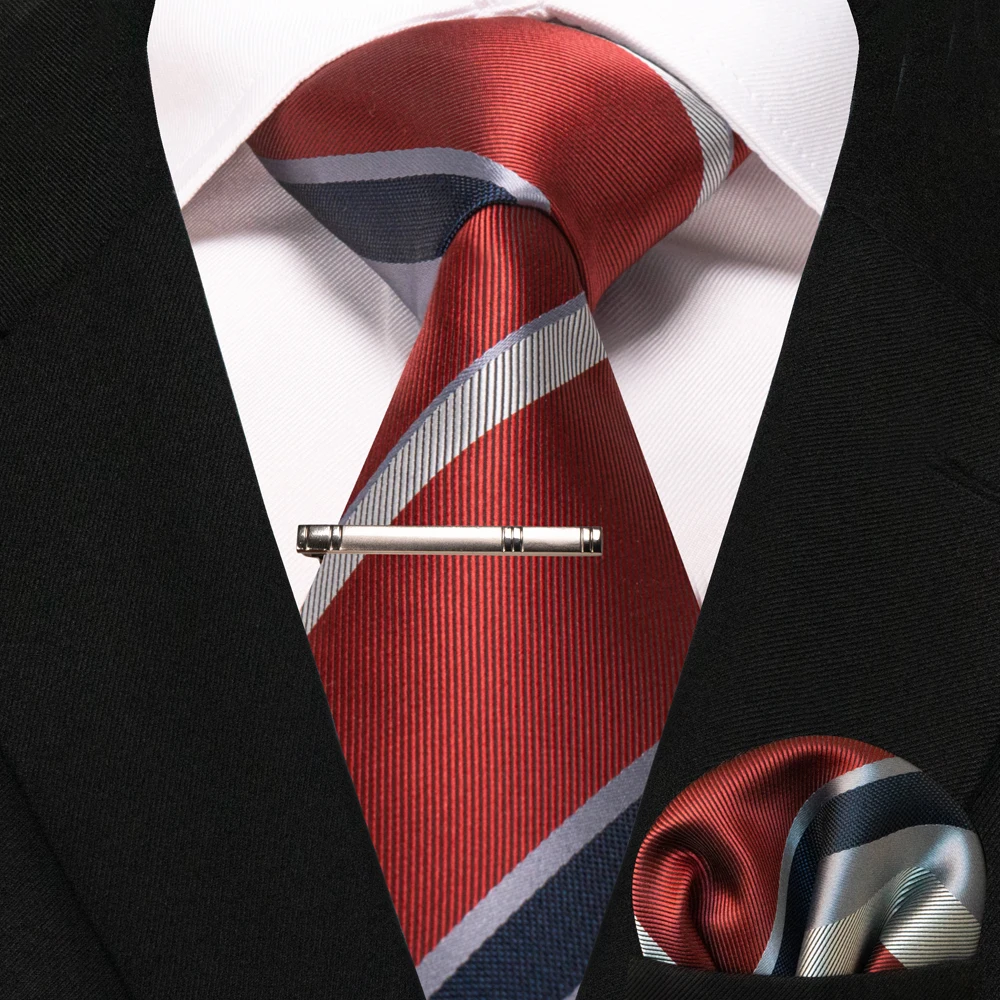 JEMYGINS Business-Krawatte für Herren, Seidenkrawatte in Marineblau, gestreifte Paisley-Krawatte, Einstecktuch, Krawattenklammern, Set für Hochzeit, Party, Geschenk – Detail 4